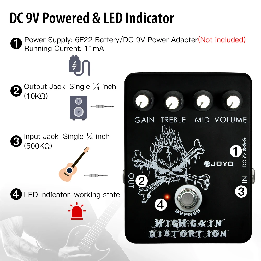 Фото JOYO JF-04 Педаль эффектов для гитары с высоким коэффициентом усиления от AC/DC Crunch to Heavy Metal Педаль для гитары с двухдиапазонным эквалайзером №3