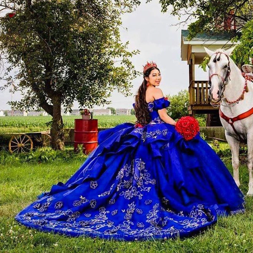 ANGELSBRIDEP сверкающие аппликации Королевского синего цвета платья Quinceanera бальное платье с открытыми плечами мексиканские милые платья 16 15 лет
