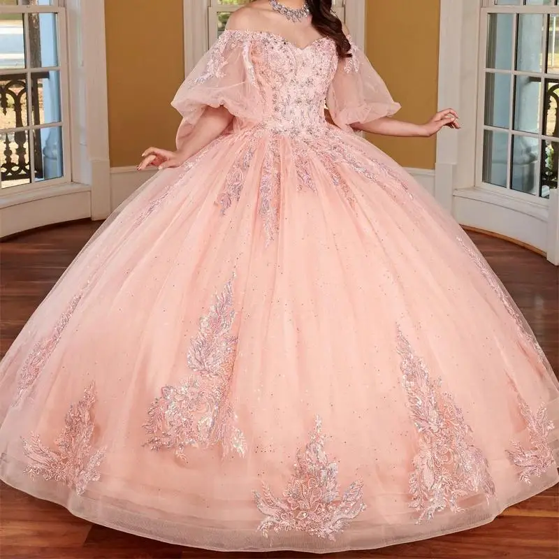 Розовое блестящее бальное платье Quinceanera, платья с аппликацией, кружевными бусинами, тюлевыми пышными рукавами, вечерние, день рождения, милые платья 16, Vestidos 15, на заказ