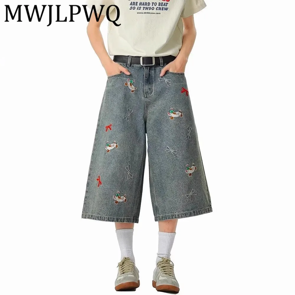 MWJLPWQ летние уникальные джинсы с вышивкой для мужчин High Street Niched прямые брюки свободные большие размеры повседневные брюки мода 12073 Шорты