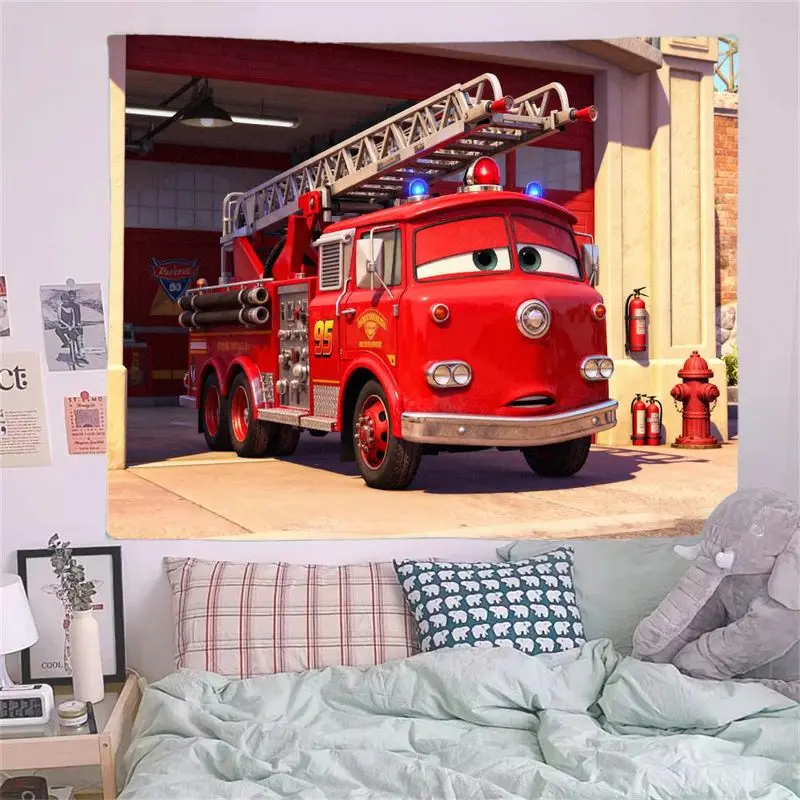 Красный гобелен с изображением пожарной машины Disney Cars, 1 шт., современное настенное искусство из полиэстера с героями мультфильмов для декора детской комнаты для мальчиков, подарок пожарному. (art.: 3920d214eece3) - 3920d214eece3