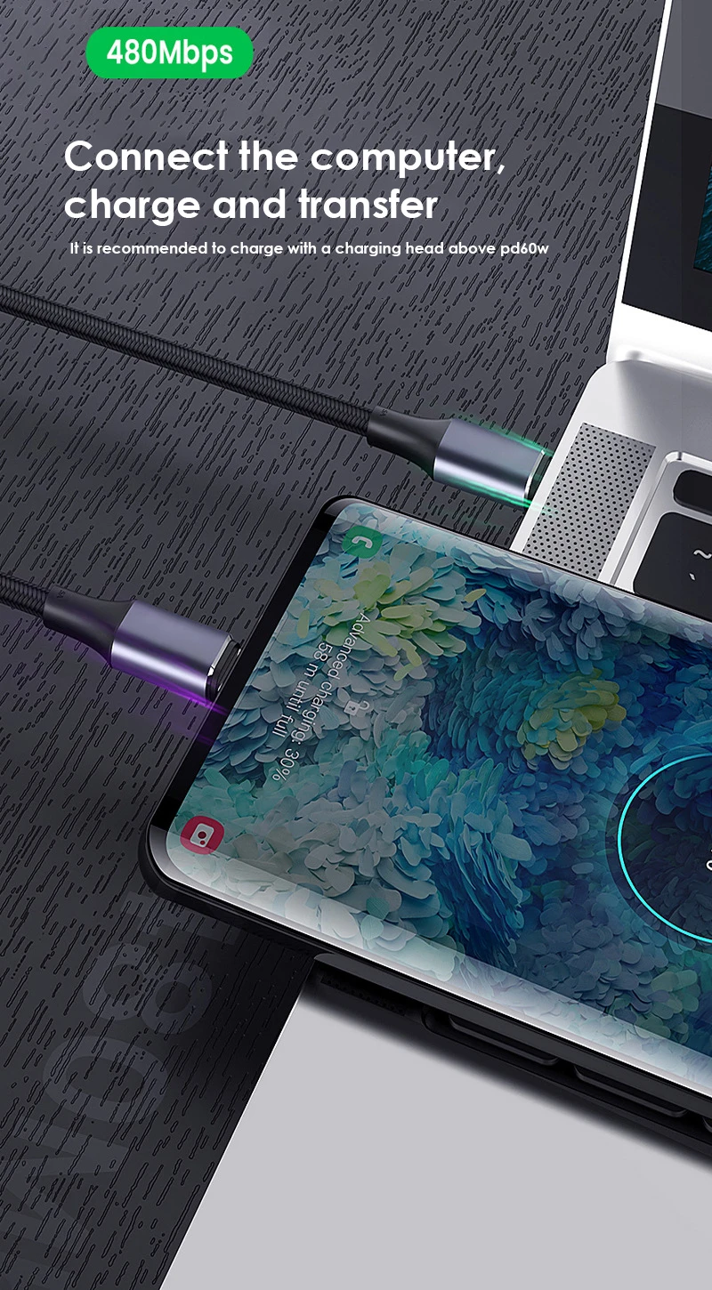 Фото Кабель зарядный USB Type-C с поддержкой быстрой зарядки, 100 Вт, 5 А, 2 м №5