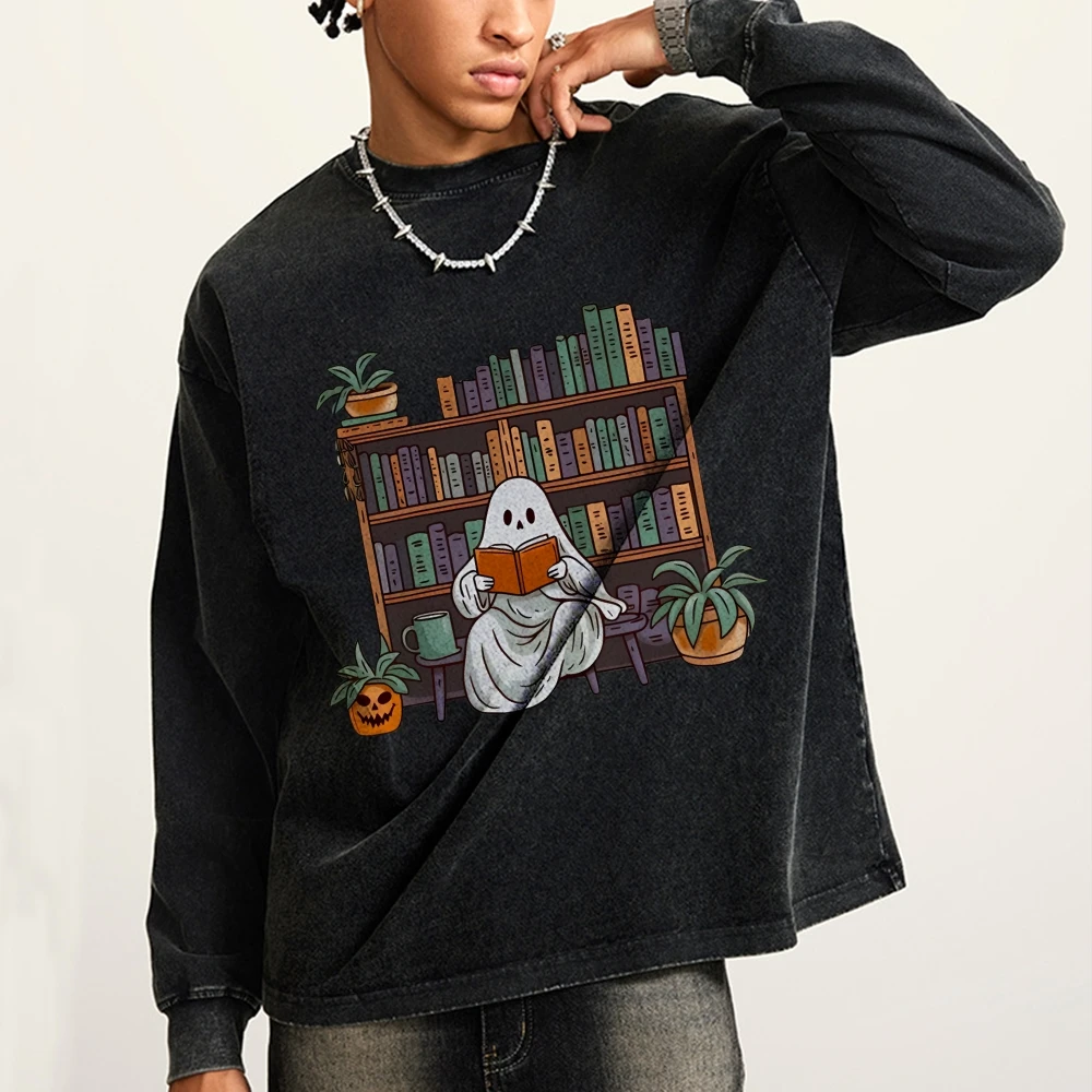 Фото ity z nadrukiem Cute Ghost Bookshelf Sweter z nadrukiem Wysokiej jakości bawełniany sweter z okrągłym dekoltem Luźny, oversize na ramionach Trend Nowe długie rękawy №5