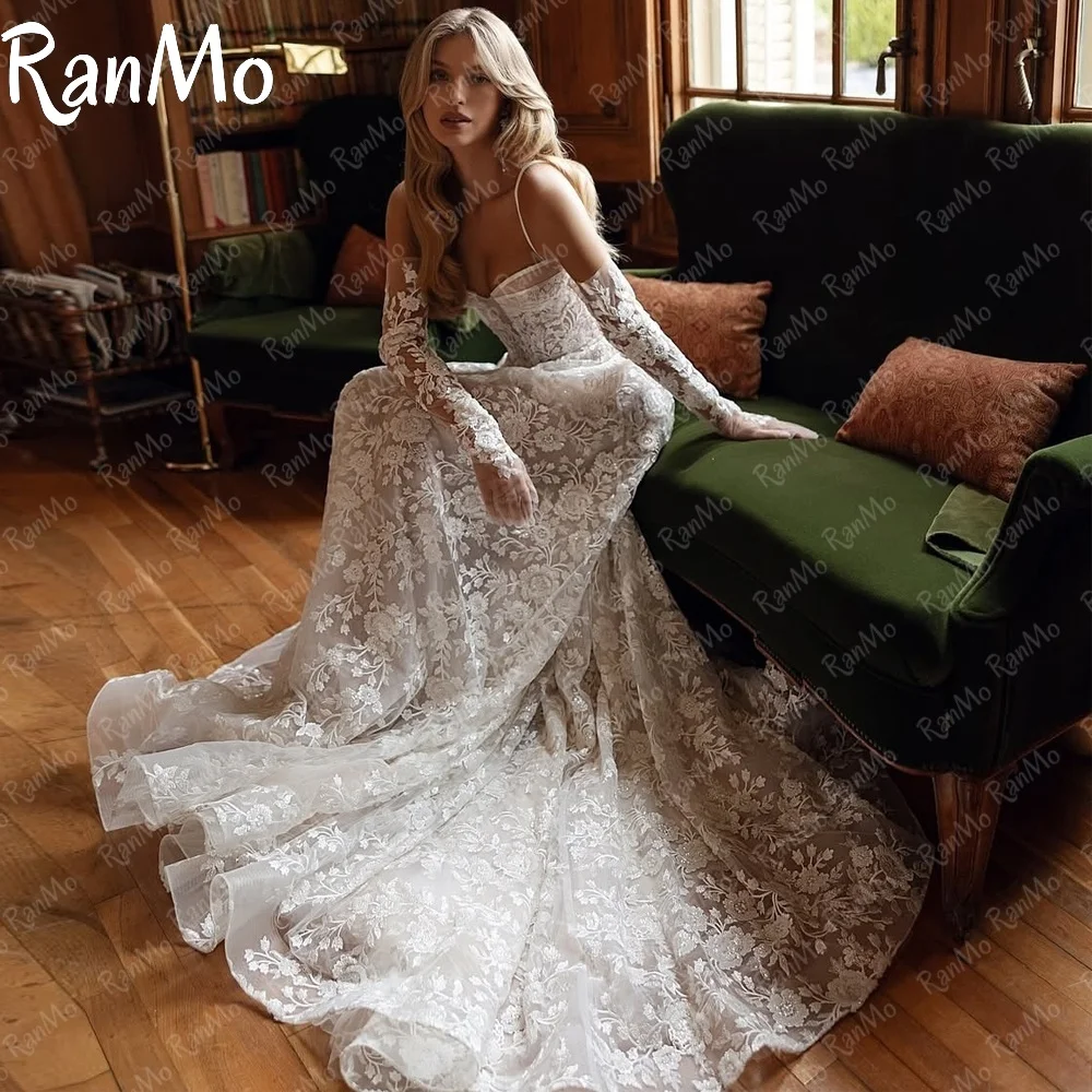 Ranmo 2025 Изысканные свадебные платья трапециевидной формы с аппликациями на тонких бретельках, кружевное свадебное платье со шлейфом, индивидуальное платье Vestidos De Novia