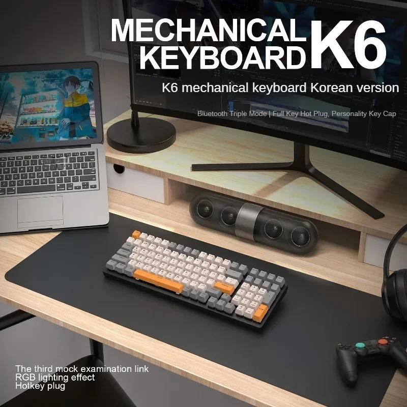 Фото FreeWolf K6 Korean Version Mechanical Keyboard Three Mode Bluetooth Wireless Hotswap 100Key Esports PC Gamer Office №2