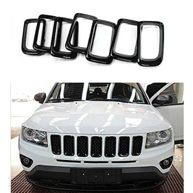 7 SZTUK przedniego otworu wentylacyjnego ABS, czarna chromowana listwa ozdobna kratki pasująca do Jeep Compass 2011-2017 Akcesoria samochodowe