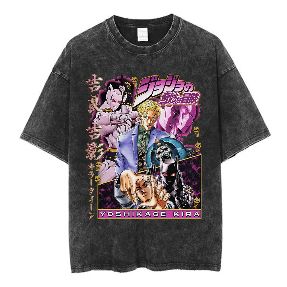 Аниме Jojo Bizarre Adventure Kira Yoshikage футболки летние винтажные потертые футболки для мужчин и женщин повседневные хлопковые футболки с короткими рукавами