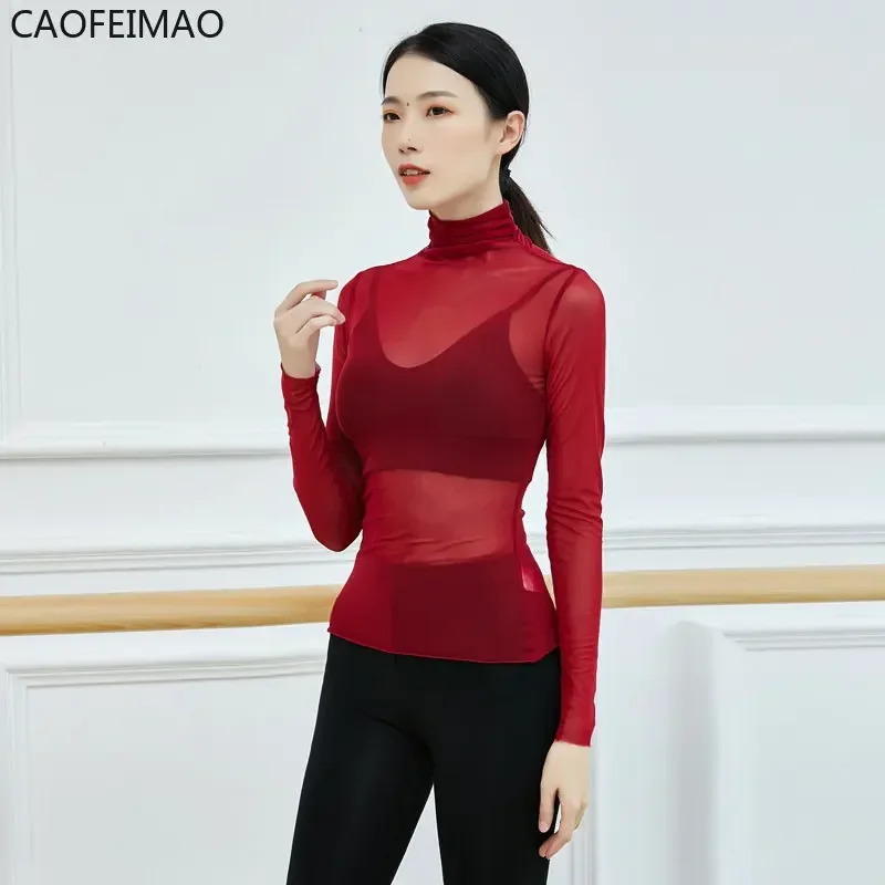 Caofeimao 2025, высокая шея, лето-весна, быстросохнущий прозрачный топ для танцевальной практики, дышащая танцевальная блузка с длинными рукавами, женские топы (art.: 3920cddf8fe0e) - 3920cddf8fe0e
