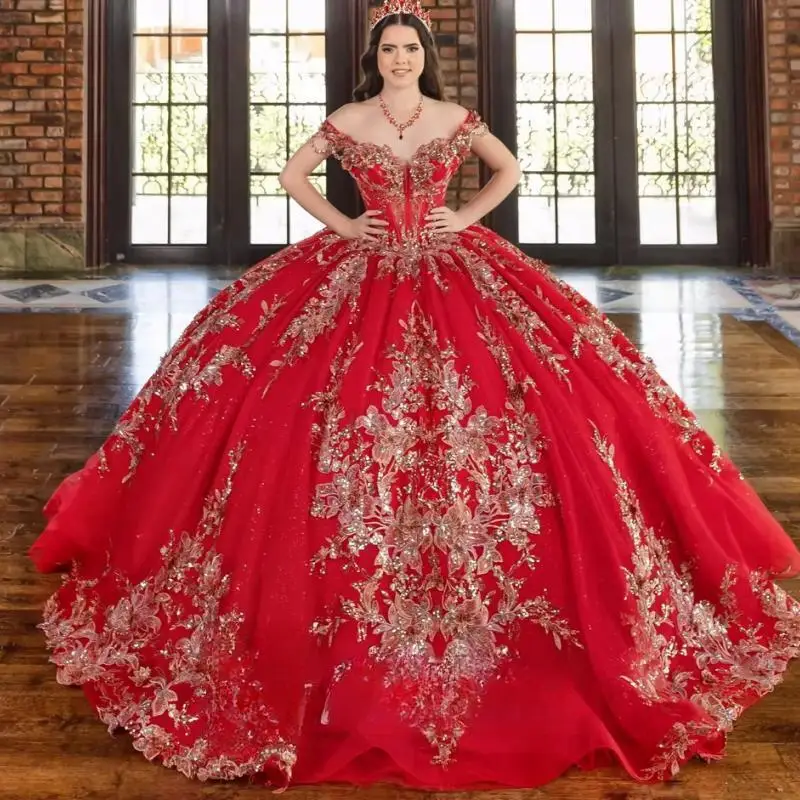 Красное изысканное бальное платье по индивидуальному заказу, платье Quinceanera для девочек с открытыми плечами, блестящие аппликации, Vestidos De 15 Anos