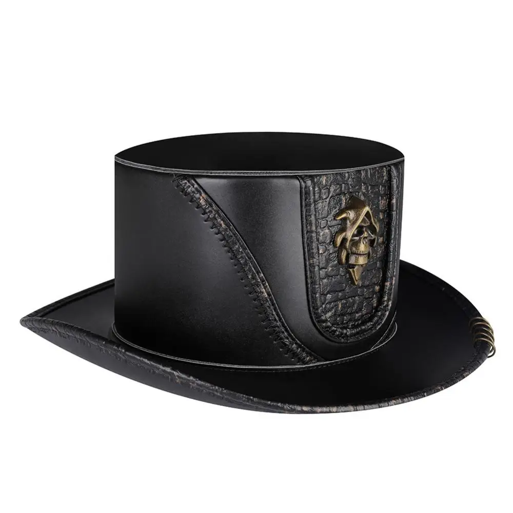 Унисекс Perfor Gentleman Fedora Streampunk из искусственной кожи, черная лоскутная кепка с металлическим черепом, декоративная купольная волшебная шляпа с куполом чумного доктора