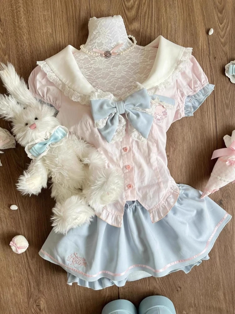 Фото Sweet Preppy Style Kawaii комплект из 2 предметов для женщин Y2k Лолита Design Топы + юбка с высокой талией Женская принцесса Ретро Шикарные наряды Лето №3