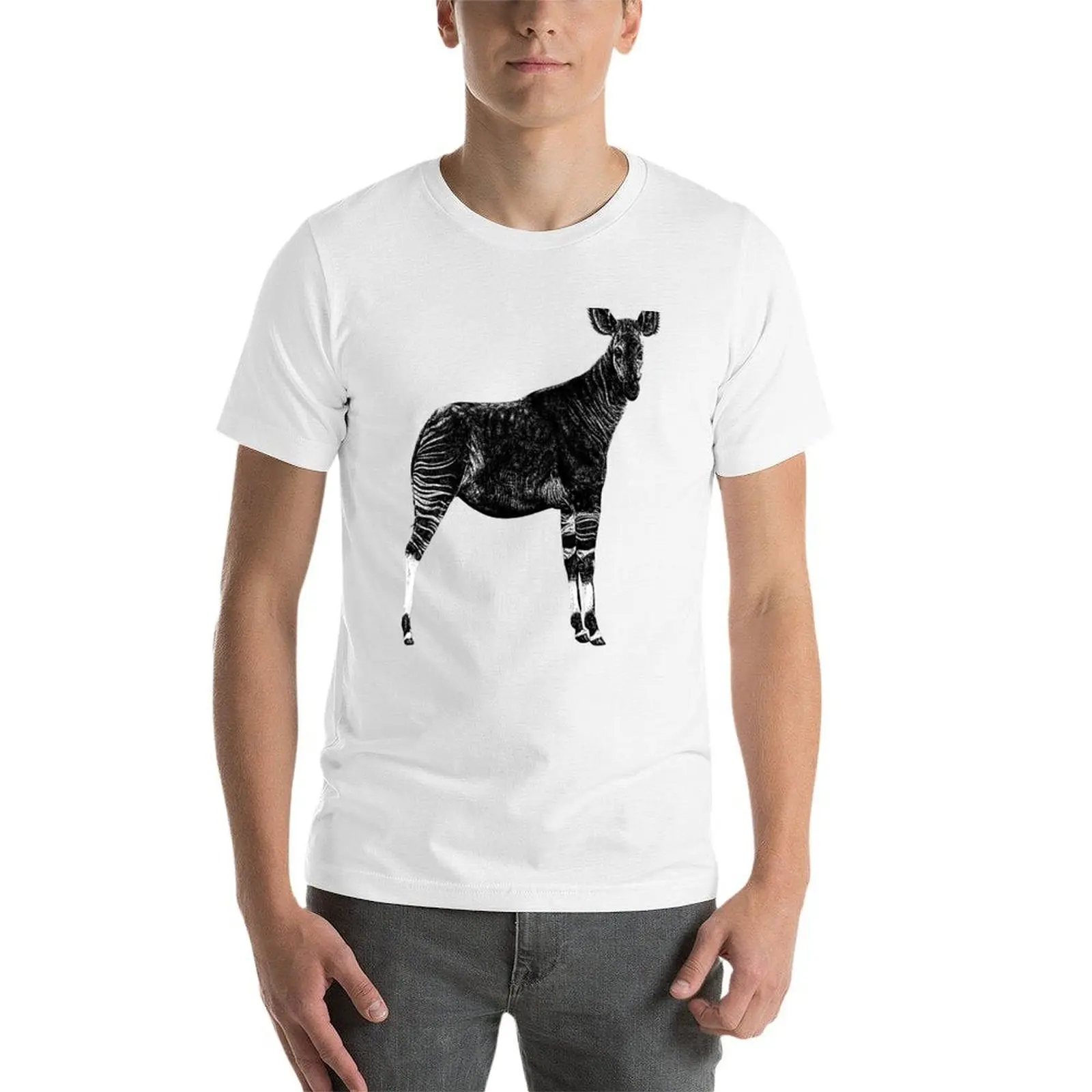 Фото Футболка с иллюстрацией Okapi, черная хлопковая футболка, простая мужская упаковка, забавные футболки, мужская футболка №4