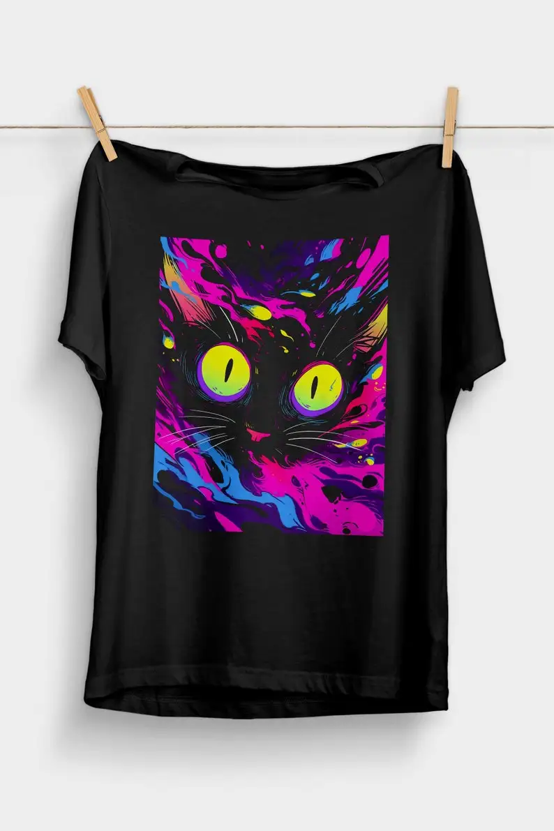 Psychedelic Weirdcore, футболка с котом, в стиле панк, эстетика, Триппи, альт, одежда, одежда для гранж, крутая, модная, веселая
