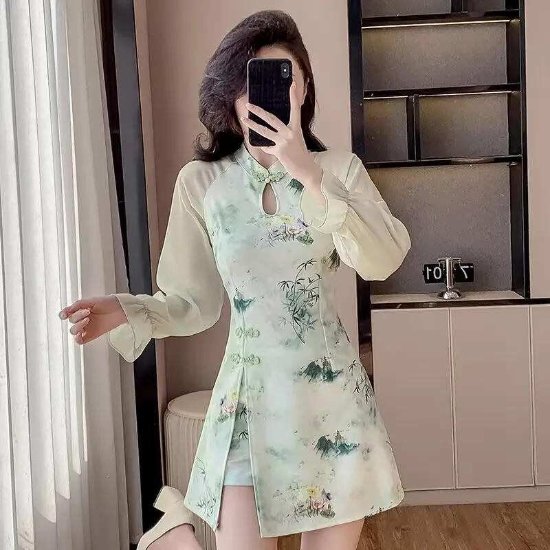 Фото Новое весеннее милое платье Cheongsam в китайском стиле, комплект из двух предметов, улучшенное платье с цветочным принтом и шорты, элегантный женский модный костюм №3