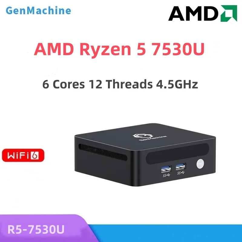 Genmachine AMD Ryzen 5 7530U MINI PC 8-ядерный 12 потоков 2,0 ГГц до 4,5 ГГц 15 Вт Win11 DDR4 3200 МГц SSD WIFI6 BT5.2 Настольная компьютерная игра