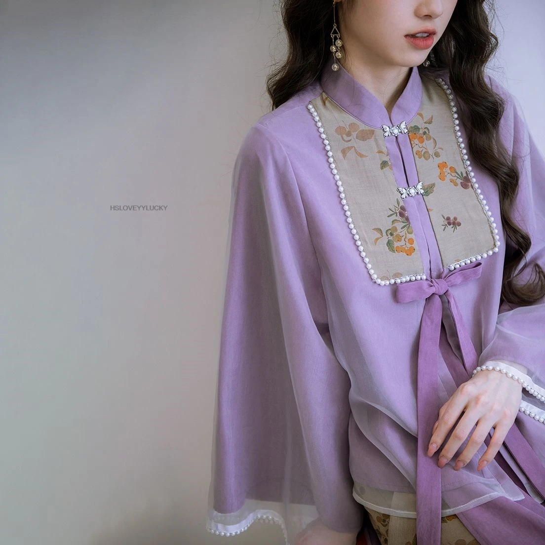 Фото Spring And Summer Chinese Song Dynasty Improved Hanfu Women Top Women Gental Long-sleeve Top And Half Skirt two-piece Purple Set №4