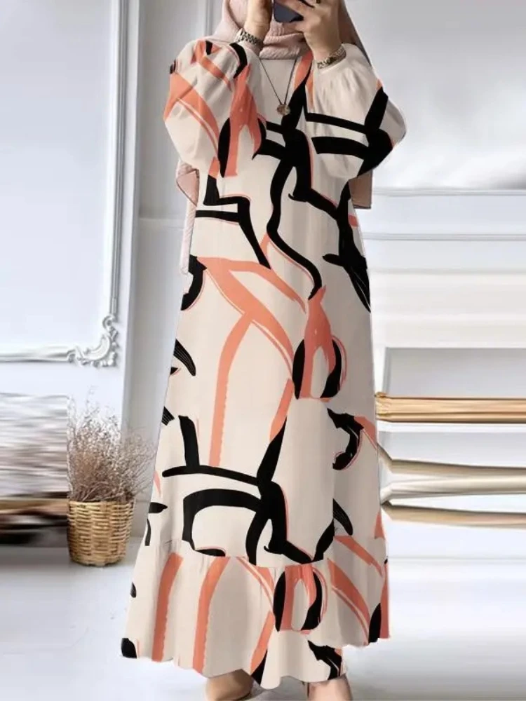 Фото ИД мусульманское платье для женщин винтажное с оборками на подоле Abaya марокканские вечерние платья Рамадан на шнуровке кафтан мусульманский Дубай Арабский длинный халат 2024 №4