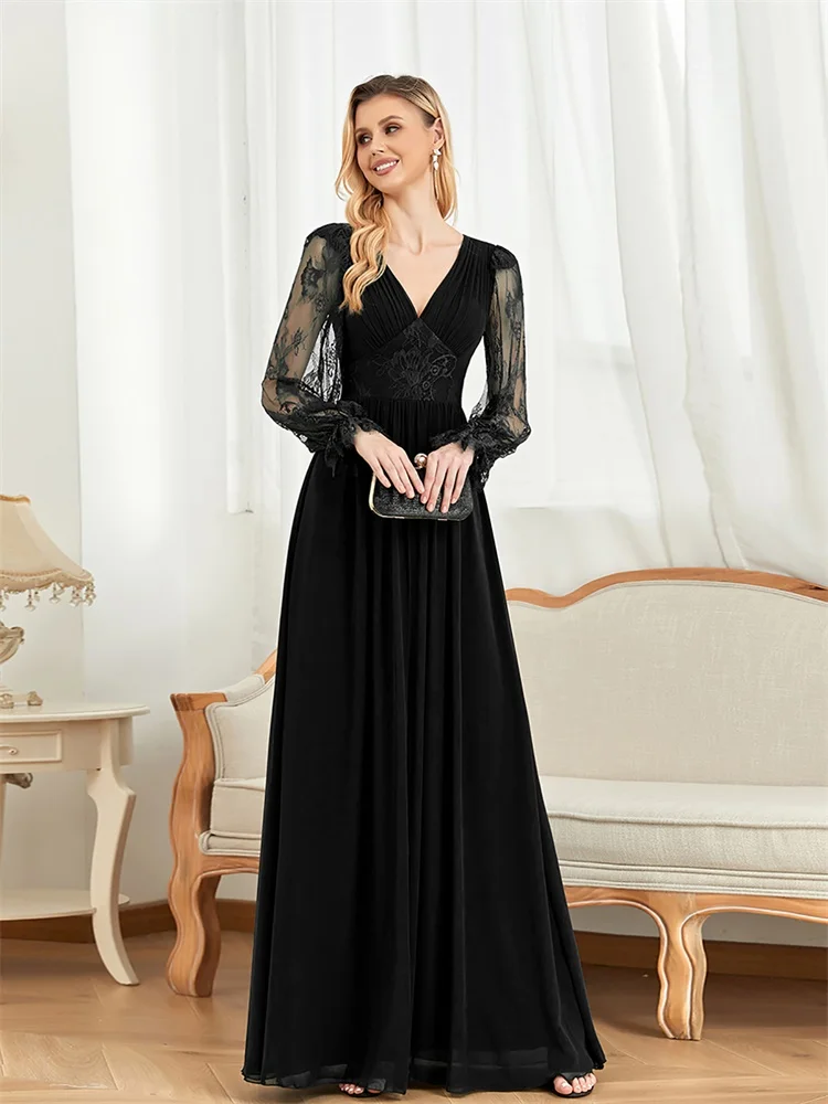 Фото Lucyinlove Роскошное черное шифоновое тюлевое вечернее платье, элегантное вечернее платье подружки невесты с длинными рукавами, женское коктейльное платье для выпускного вечера №4