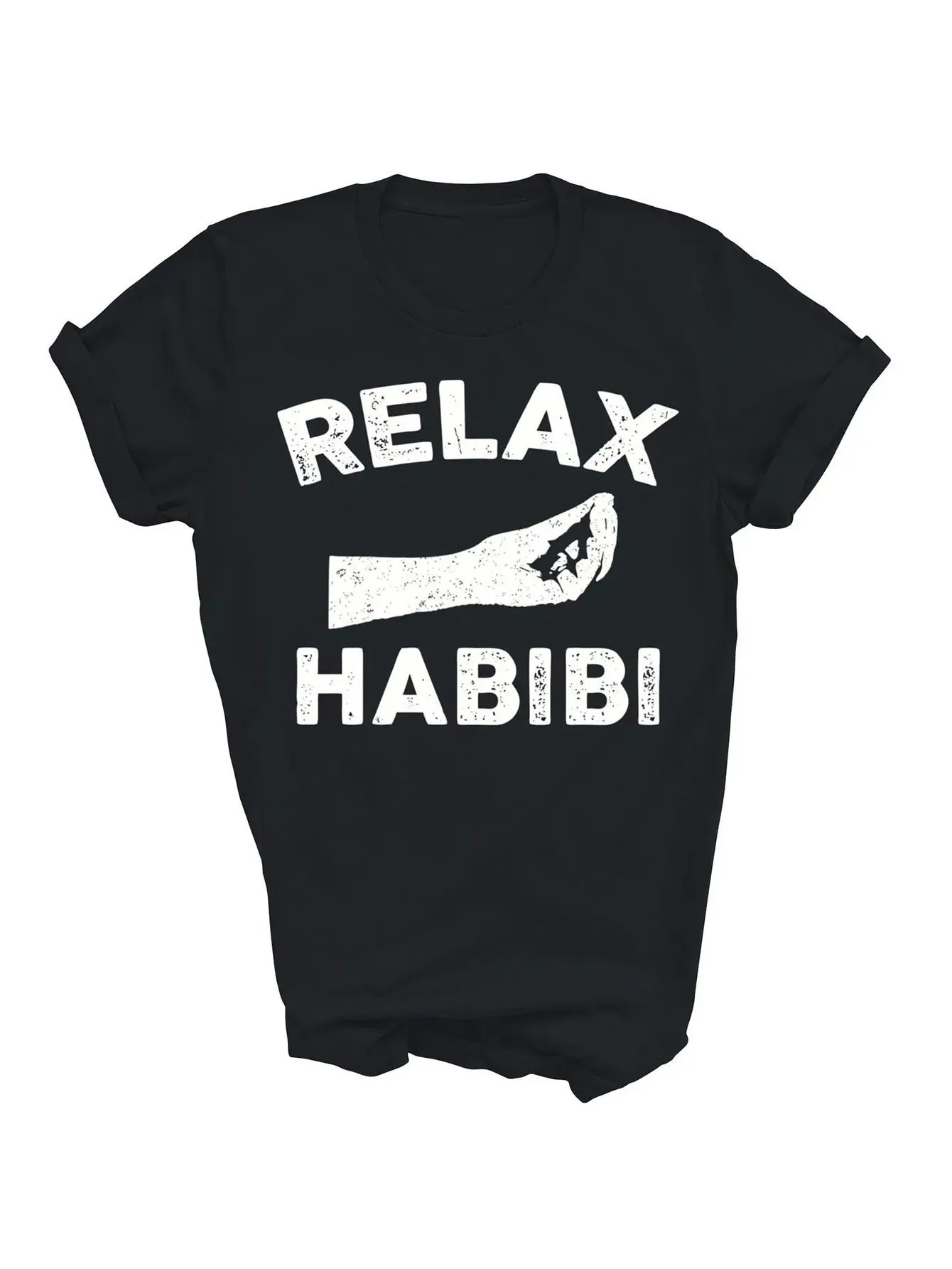 Футболка унисекс из смеси хлопка Relax Habibi с арабским словом — повседневный круглый вырез, геометрический узор, слегкая стрейч,