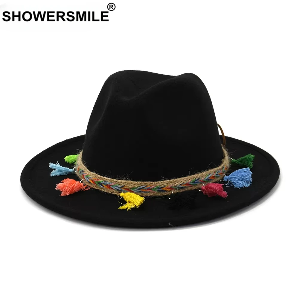 SHOWERSMILE Черная шляпа-федора для женщин с кисточками Винтажная женская кепка-трилби Красочный соломенный ремень Зимняя Fedora Белый Красный Серый