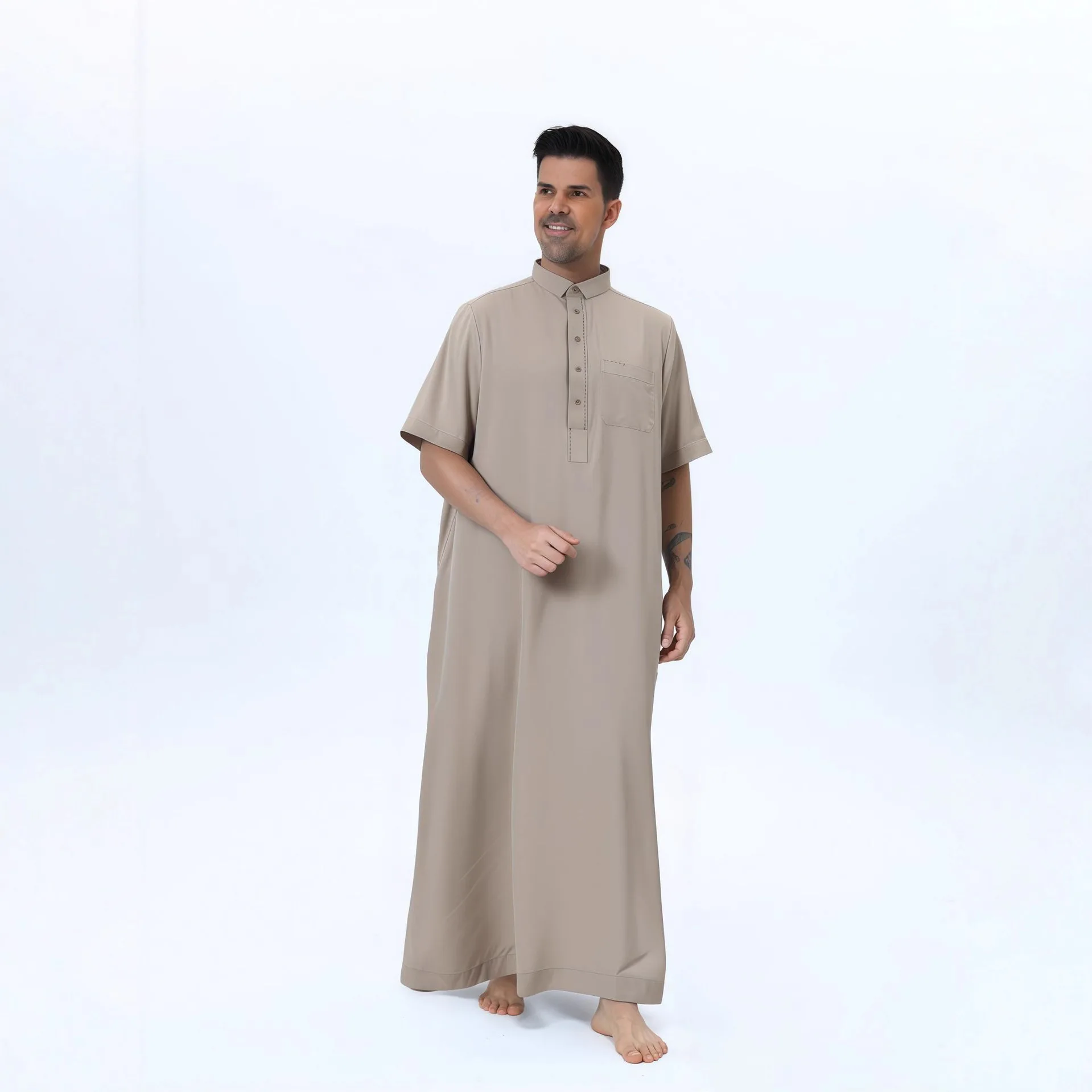 Новый мусульманский мужской халат с коротким рукавом Jubba Thobe, Саудовская Аравия, Thoub, воротник на пуговицах, турецкий кафтан, платье Абая, платье Daffah Dishdasha Мусульманская Мода