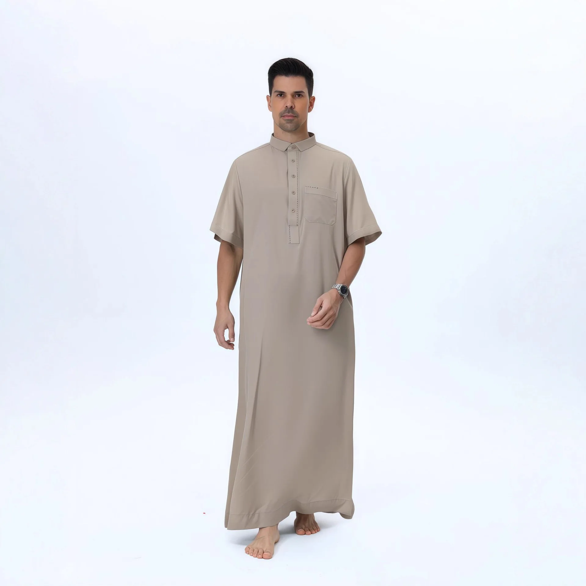 Фото Новый мусульманский мужской халат с коротким рукавом Jubba Thobe, Саудовская Аравия, Thoub, воротник на пуговицах, турецкий кафтан, платье Абая, платье Daffah Dishdasha №2