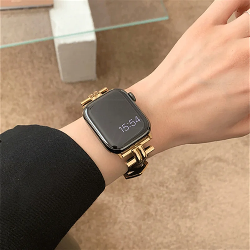 Фото Ремешок кожаный высокого качества для Apple Watch Band 9 41 мм 45 мм 44 мм 40 мм 49 мм, Женский металлический браслет для iWatch Series 8 7 6 5 4 3 SE,ремешок на apple watch №4