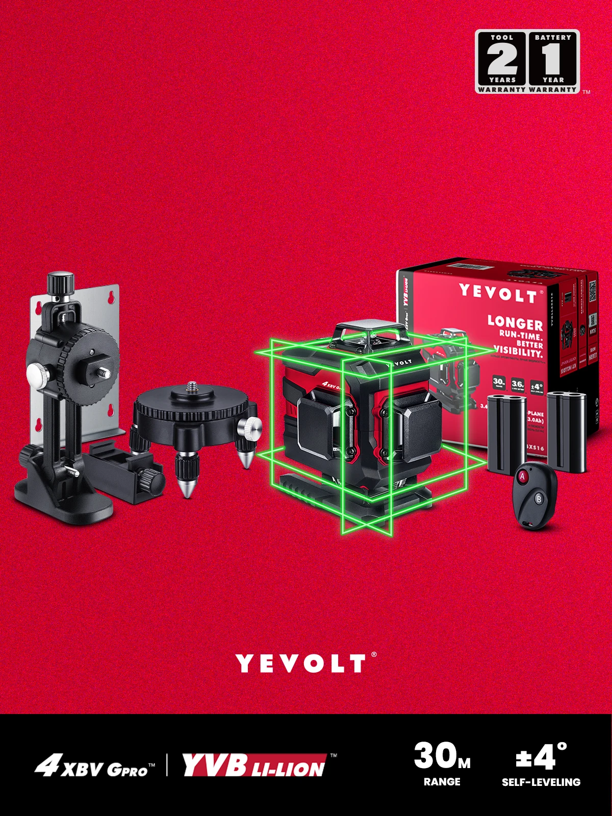 YEVOLT YVGLL4XS16DP-Wb 4-плоский зеленый 16-линейный лазерный уровень с поворотным основанием на 360 °, точной настройкой Магнитного Держателя
