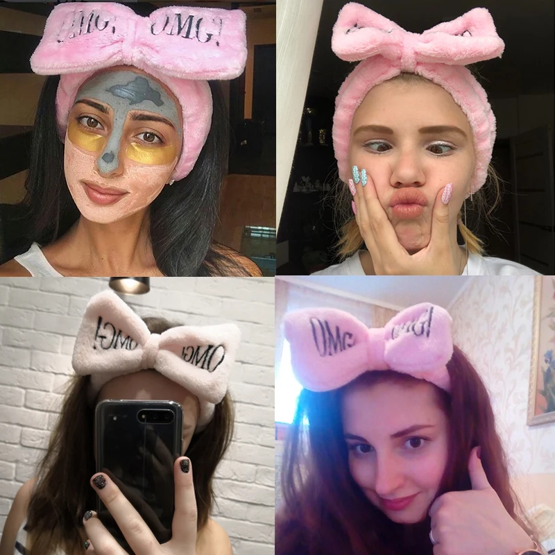 Фото Женская повязка на голову с бантом и надписью OMG, тюрбан для мытья лица для девочек, эластичная повязка для волос для макияжа, аксессуары для волос из кораллового флиса, 2023 №4