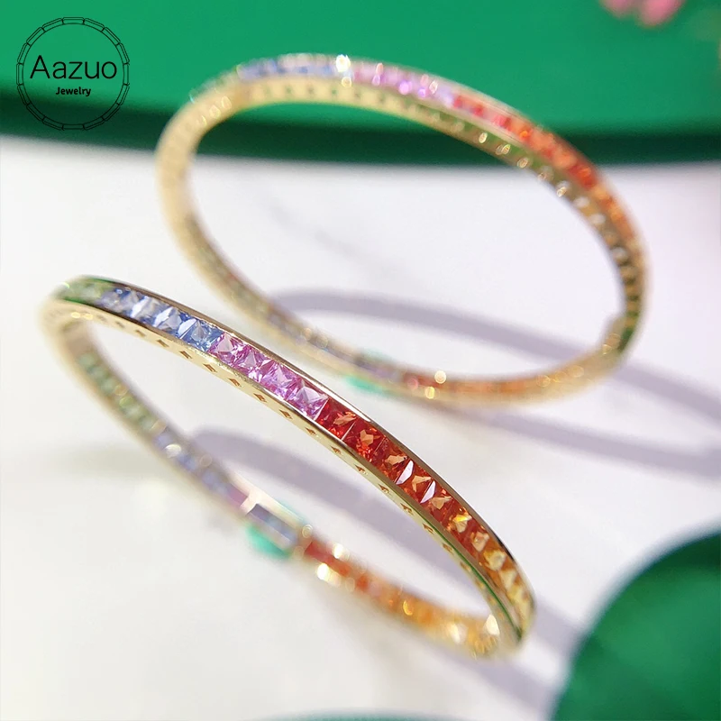 Aazuo 18-каратное чистое желтое золото, натуральный разных цветов, сапфиры, квадратный Радужный браслет для женщин, высококлассный модный браслет для помолвки