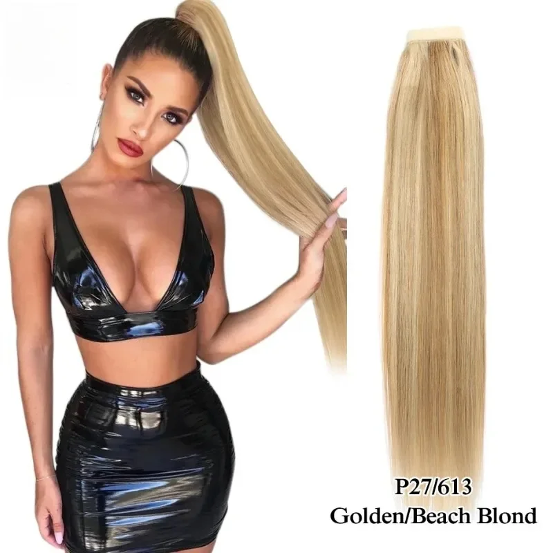 Фото Наращивание волос 16-26 дюймов Magic Wrap Around Ponytail 140 г на клипсе машинного производства Remy Horsetail Stragiht №4