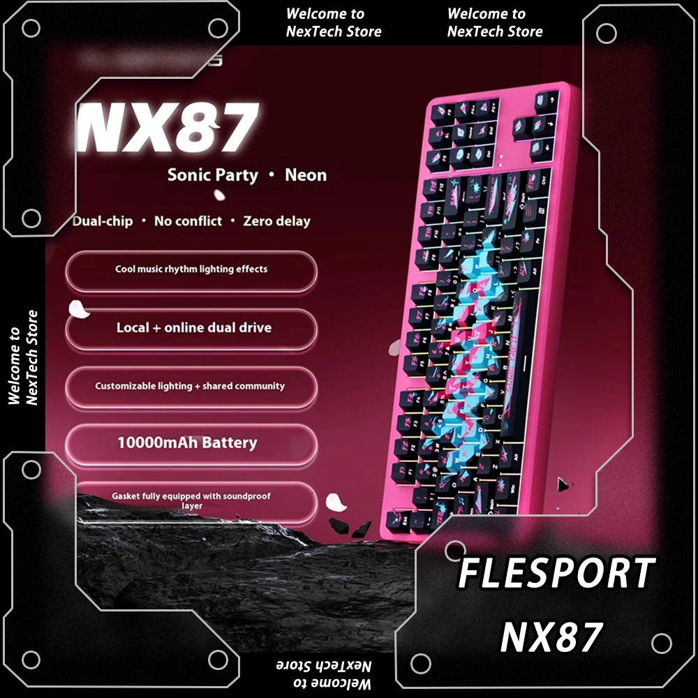 FLESPORT NX87 Трехрежимная механическая клавиатура 87 клавиш раскладка Прокладка Игровая клавиатура Чип DSP 0,1 мс Задержка 10000 мАч Динамический RGB