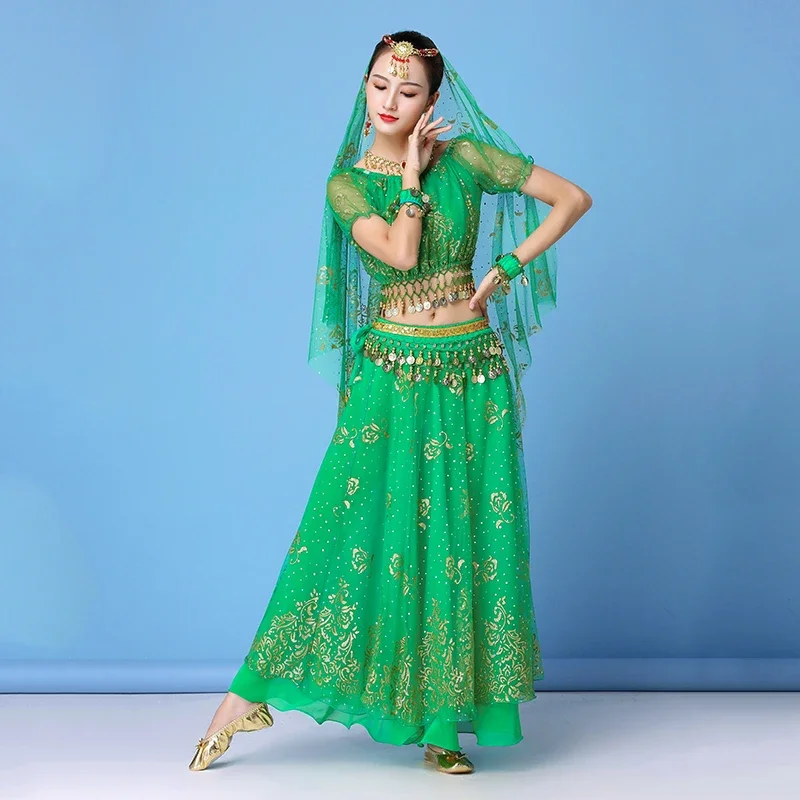 Фото Индийская танцевальная одежда Sari Для Болливуда, женский костюм для танца живота, одежда для восточных представлений, шифоновый Комплект для танца, топ + пояс + юбка №3