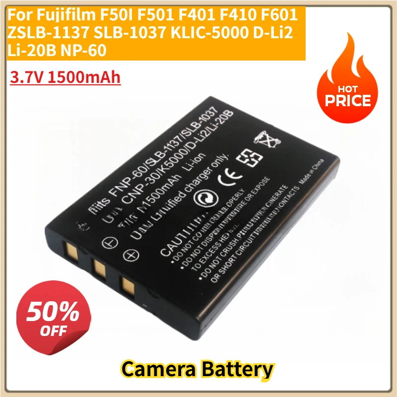 Новый сменный аккумулятор для камеры 3,7 В 1500 мАч для Fujifilm F50I F401 F410 F601 ZSLB-1137 SLB-1037 KLIC-5000 D-Li2 Li-20B NP-60
