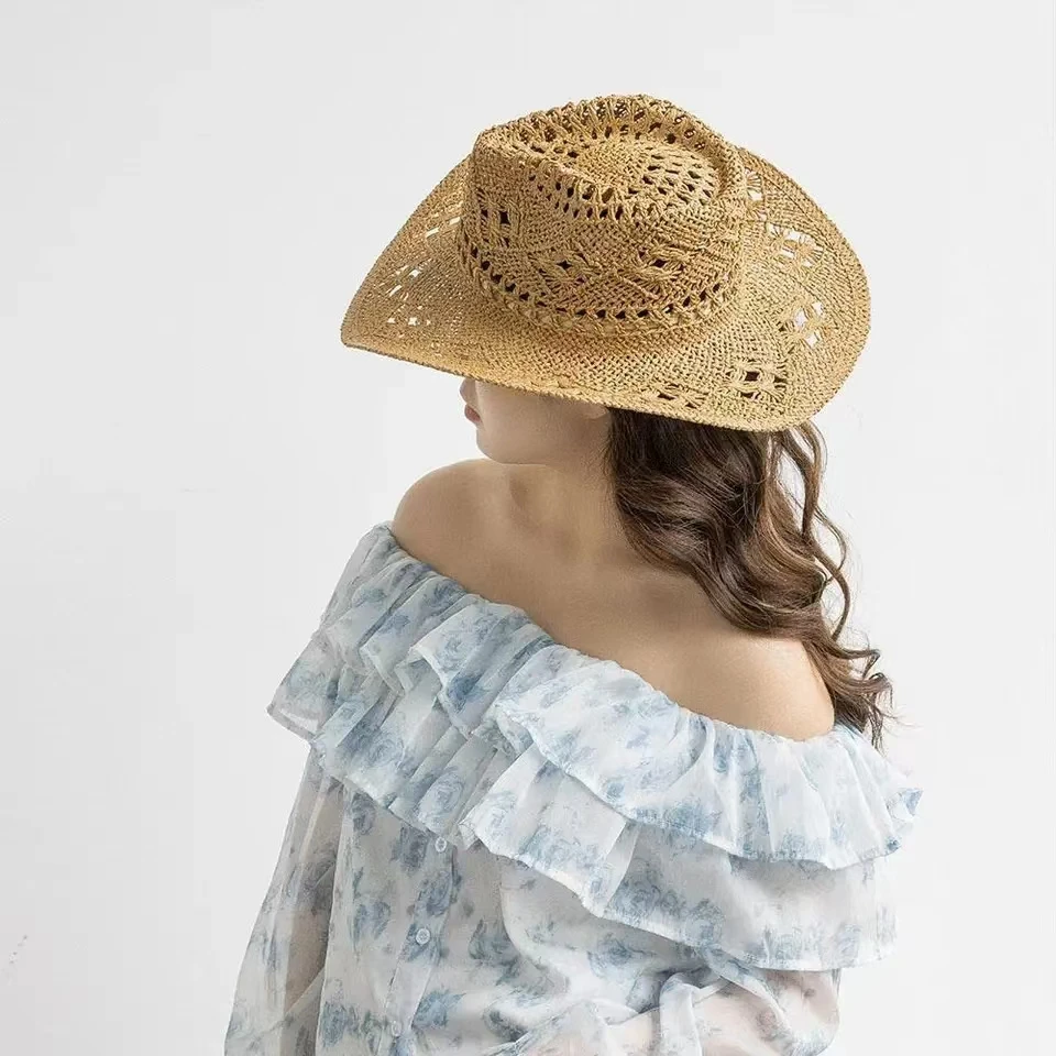 Фото Sombrero de paja de papel vaquero occidental para hombre y mujer, gorro de Jazz de ala ancha, tejido a mano, transpirable, prote №3