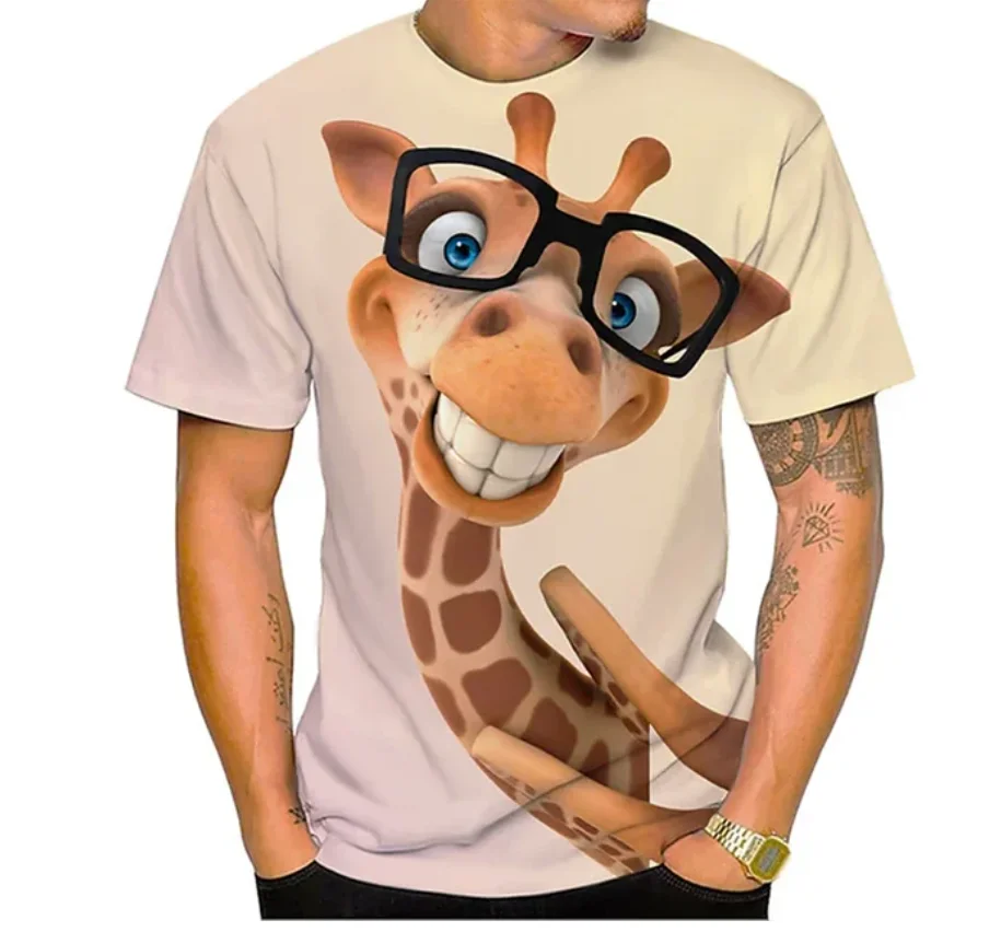 Фото Kaus pria lucu motif 3D musim panas, atasan kaus hewan jerapah, leher O, kemeja, pakaian pria kasual jalanan, pende №4