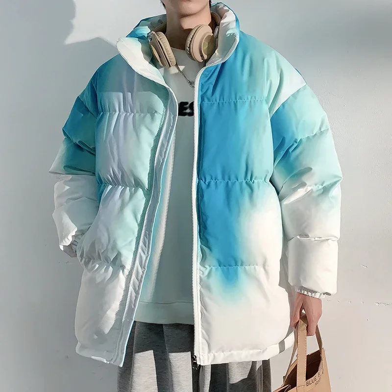 Корейская мода Tie Dye градиент воротник-стойка куртки-пуховики мужская уличная зимняя утепленная теплая парка с хлопковой подкладкой пальто мужские