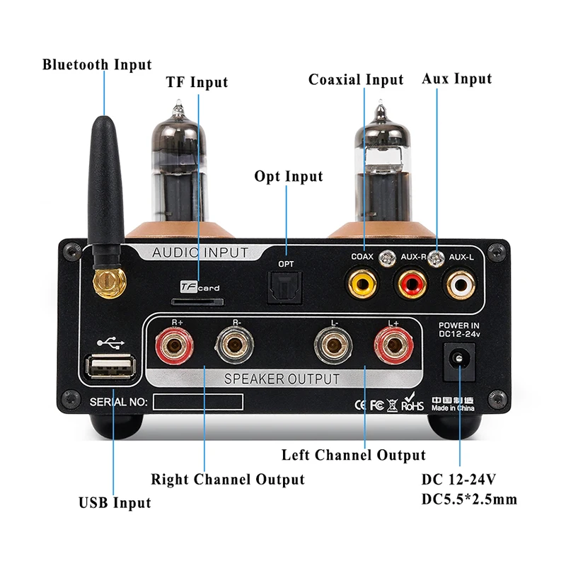 Фото Профессиональный Hi-Fi цифровой усилитель мощности TPA3116 100 Вт + 100 Вт 6J5 электронный трубчатый усилитель BT/Coax/OPT/TF/радио/Aux/USB вход №5