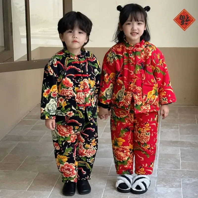 Детское платье Тан платье Dongbei цветок китайская ветровая куртка на хлопковой подкладке платье для мальчиков и девочек зимнее детское новогоднее платье