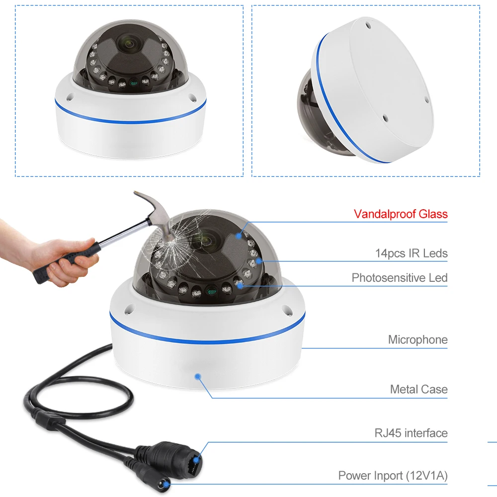 Фото Techage 4MP / 5MP / 8MP POE Сетевые камеры Домашняя безопасность 1/2 / 3PCS Антидиверсионные сферические камеры №3