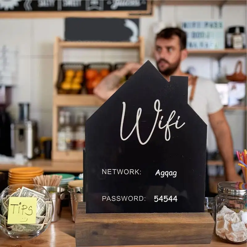 Фото Акриловый пароль-знак с Wi-Fi, деревянная основа и стираемая ручка, креативная доска для письма в форме дома, украшение для семейного офиса №4