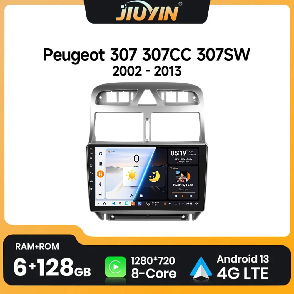 Автомагнитола JIUYIN, 2 Din, Android 13, для Peugeot 307 CC SW 2002 - 2013 RDS