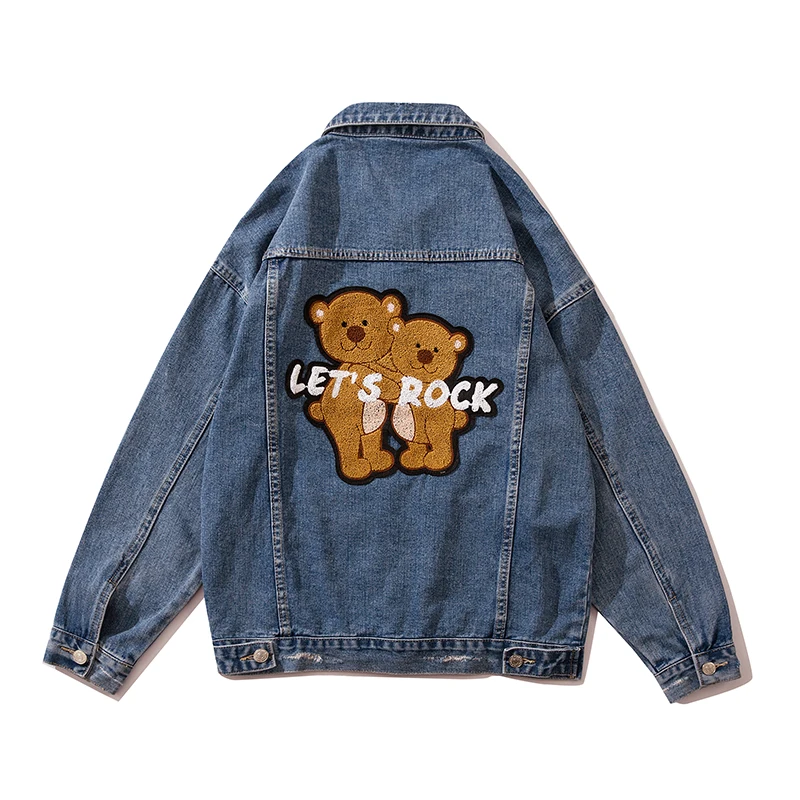 Женская джинсовая куртка Love Cute Bear, рваная потертая куртка из денима с вышивкой в стиле хип-хоп, 2021