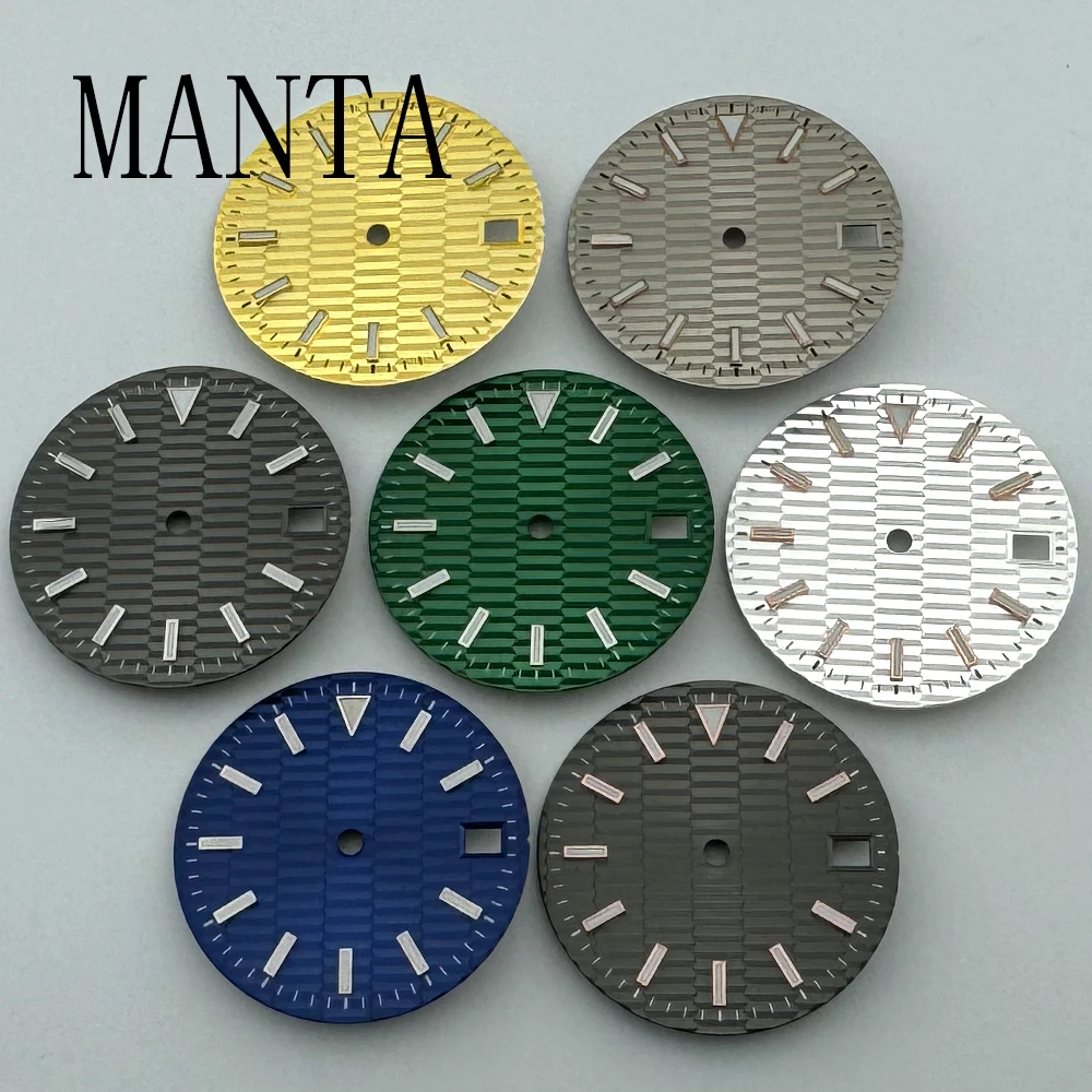 Стерильный циферблат MANTA 28,5 мм, подходит для механизма NH35, заводная головка на 3,8 часа, заводная головка, детали часов, синий, зеленый, черный, желтый, серый, белый Аксессуары для часов