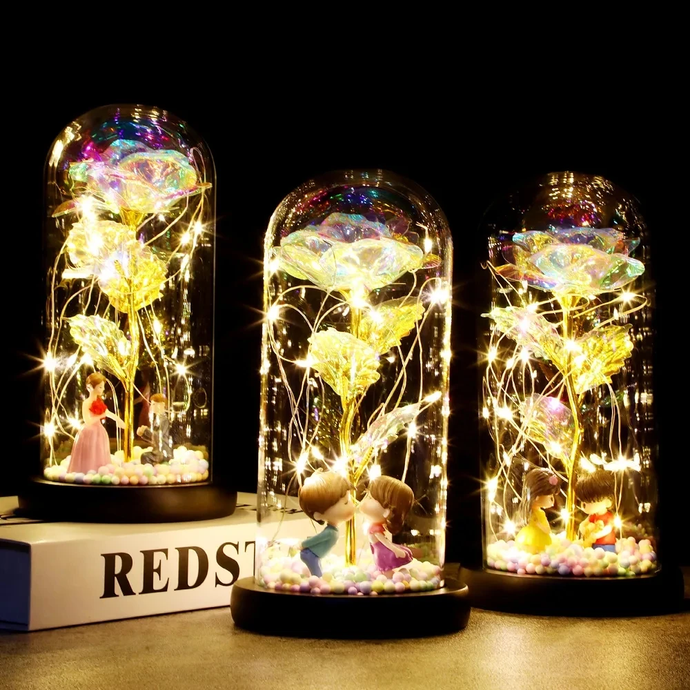 Фото 2024 LED зачарованная галактика Роза вечный 24K золотой Фольга цветок с сказочной гирляндой в куполе для рождества День Святого Валентина подарок №3