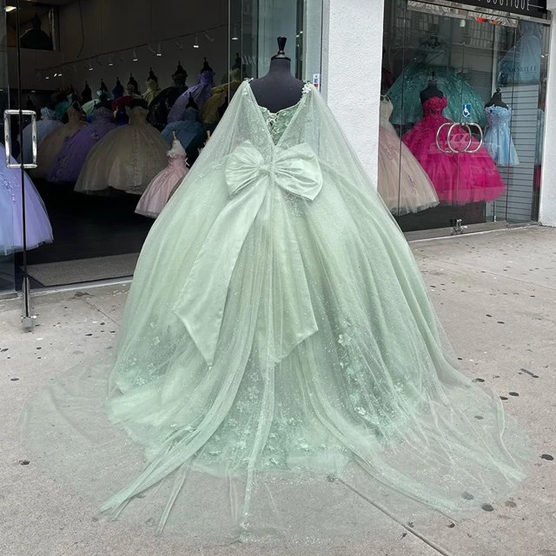 Фото ANGELSBRIDEP зеленые платья для девушек с накидкой милые 16 Платьев Бальное Платье с 3D кружевной аппликацией тюлевые Платья На День Рождения Новинка №3