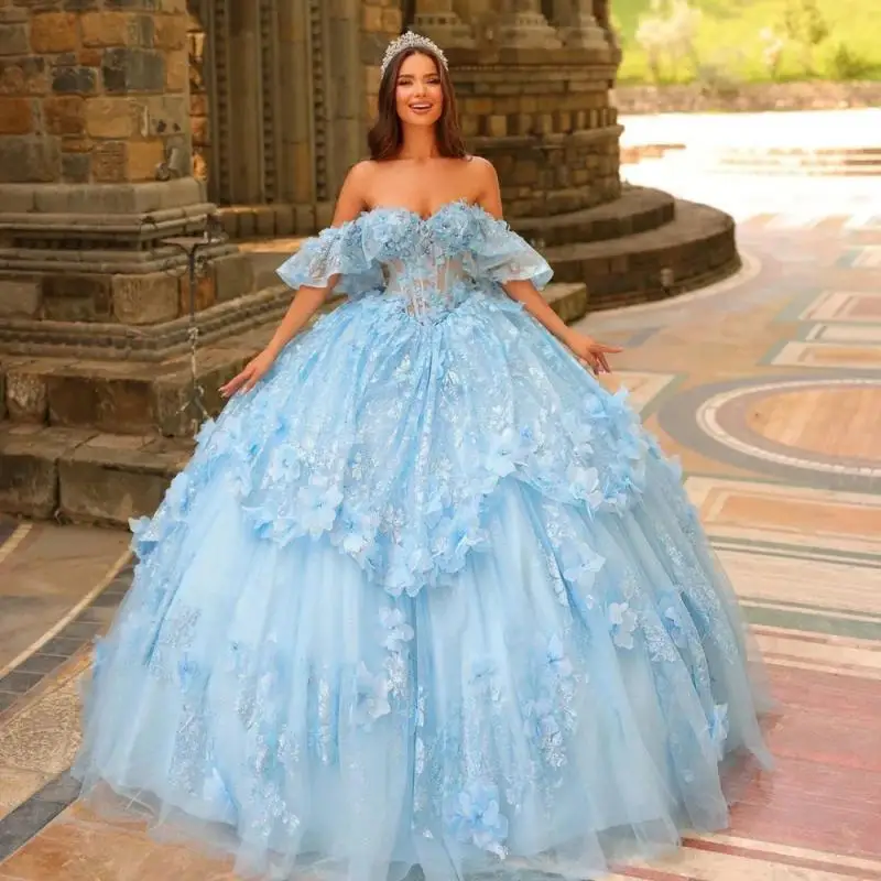 Роскошное платье Quinceanera с 3D цветочной аппликацией, 2025, очаровательное кружевное вечернее платье, блестящее вечернее платье с 3D цветами 16, по индивидуальному заказу