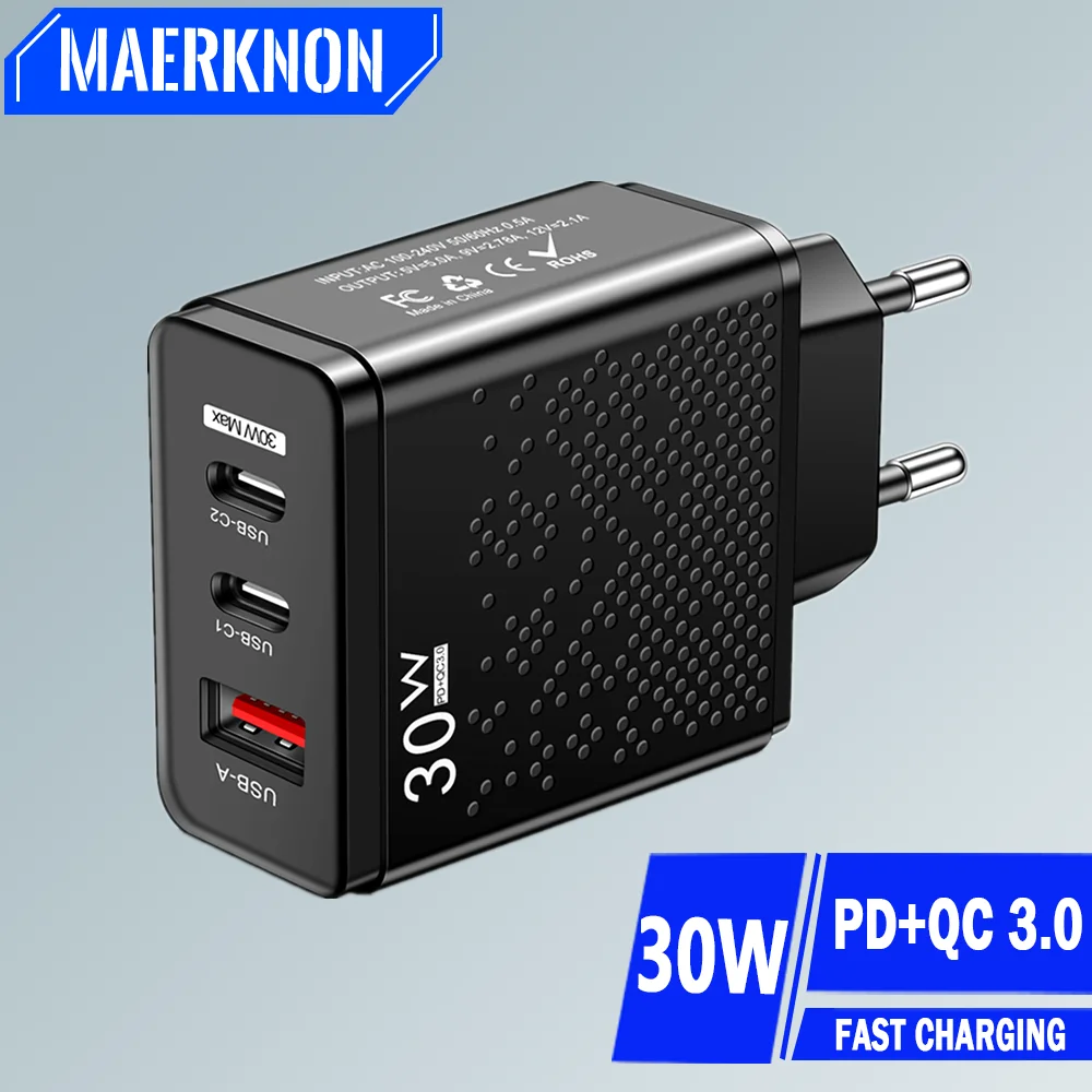 Зарядное устройство PD с USB-портом, 30 Вт, QC 3,0, Type-C
