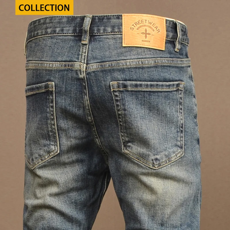Y2KFashion NewJeans Patch Washed Ностальгические эластичные облегающие джинсы в стиле ретро Синие джинсы с вышивкой High Street Хип-хоп Ретро Италия Джинсы（Новые）