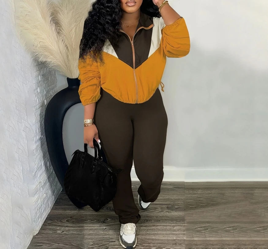 Athleisure комплекты из 2 предметов, женский наряд, модные свободные толстовки на молнии с несколькими карманами и цветными блоками, куртка, уличный комплект брюк с высокой талией